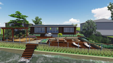 Modern Landscape with teak patio furniture