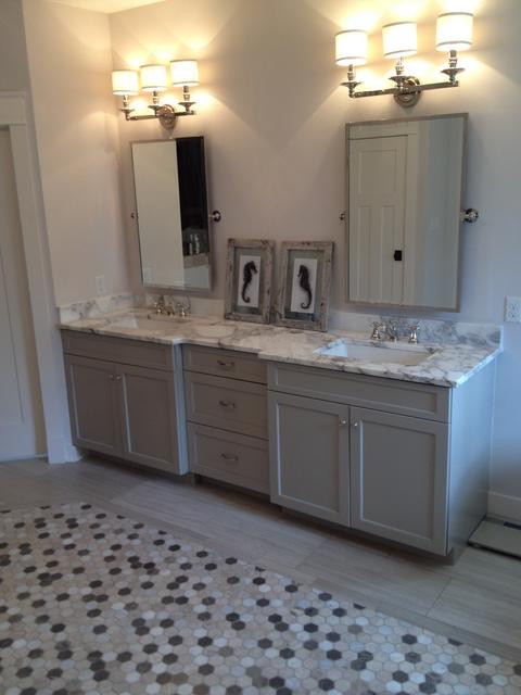 Transitional Bathroom with gray recessed panel vanity cabinets