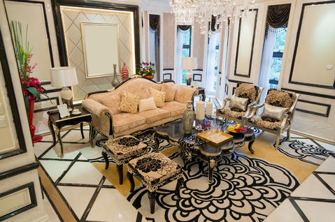Eclectic Living Room with picture frame molding
