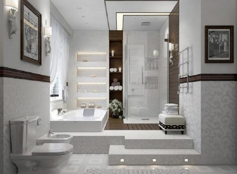 Transitional Bathroom with wallpaper with silver shimmer design