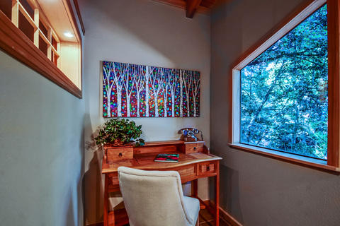 Contemporary Home Office with long narrow fixed window with panes
