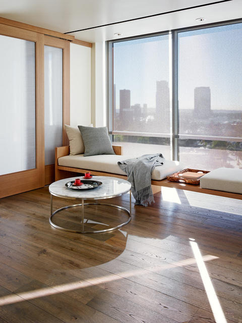 Contemporary Family Room with opaque sliding glass panels