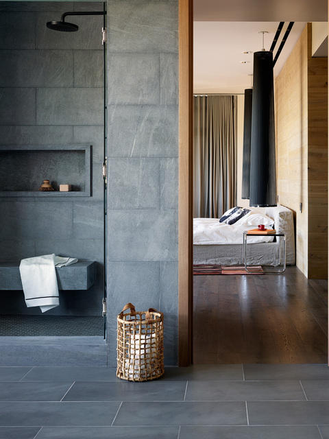 Contemporary Bathroom with oil rubbed bronze shower head