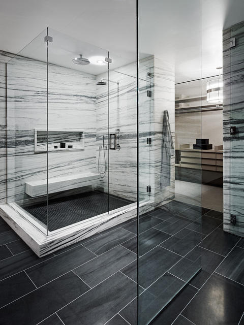 Contemporary Bathroom with frameless glass shower doors