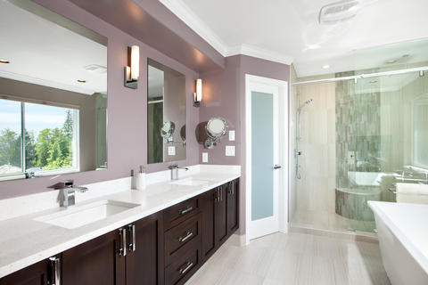 Contemporary Bathroom with dark recessed panel cabinetry