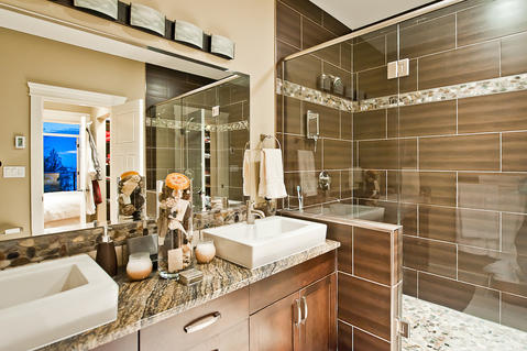 Transitional Bathroom with above the counter vitreous sink