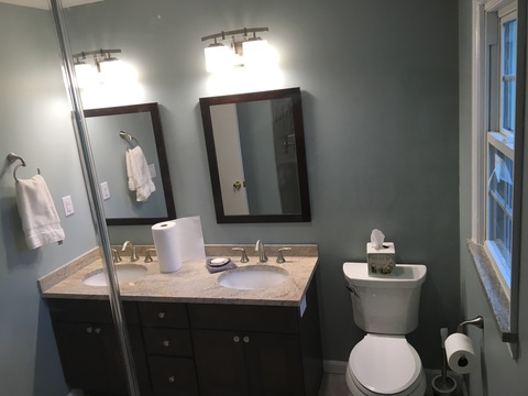 Transitional Bathroom with satin chrome faucet