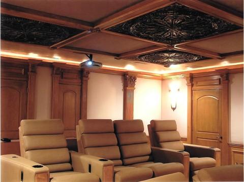 Traditional Home Theater with light brown leather recliners