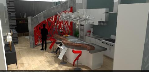 Modern Kitchen with curved kitchen island with wood counter