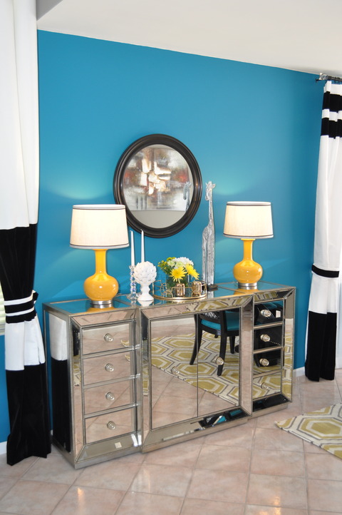 Modern Dining Room with black and white floor length curtains