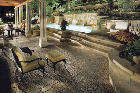 Traditional Pool with stone retaining wall