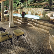 Traditional Pool with stone retaining wall