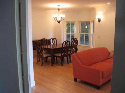 Traditional Dining Room with dark stained dining table set