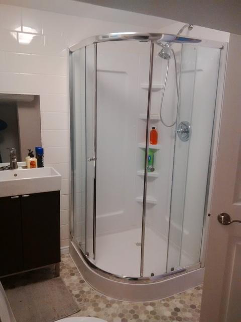 Transitional Bathroom with mosaic tile bathroom floor