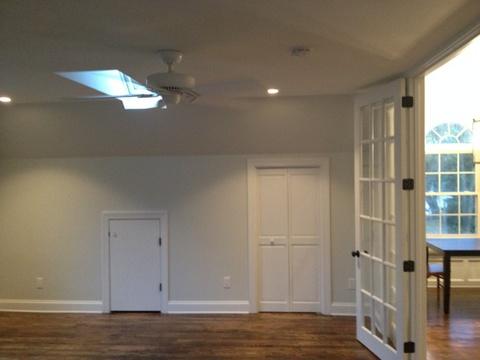 Transitional Dining Room with light blue painted walls