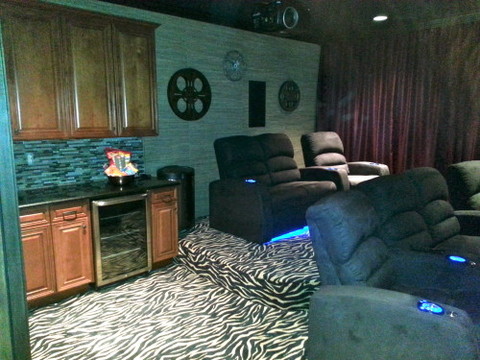 Eclectic Home Theater with glass pencil tile backsplash