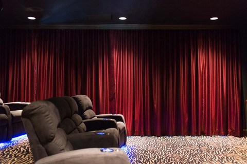 Eclectic Home Theater with unique carpet pattern