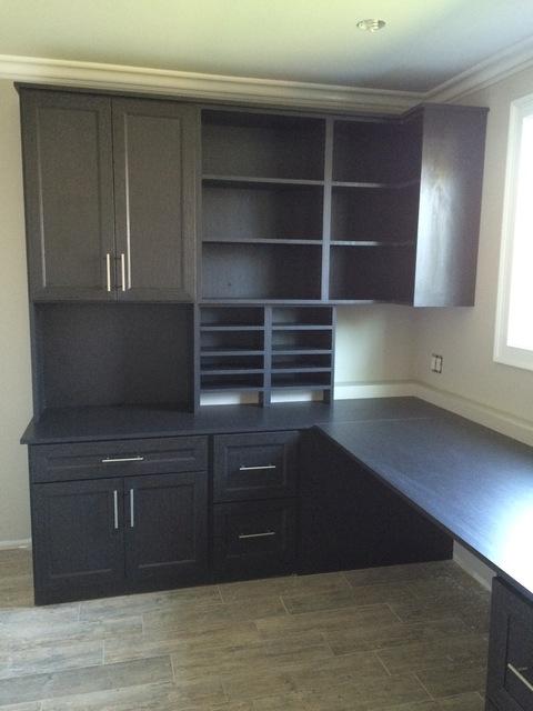 Contemporary Home Office with mission style cabinet door