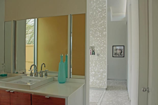 Contemporary Bathroom In Houston Tile Floor Dark Wood Slab