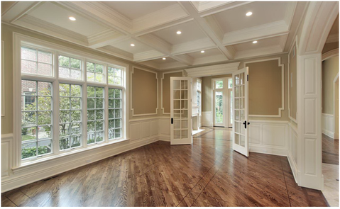 Traditional Dining Room with hardwood flooring in diagonal pattern