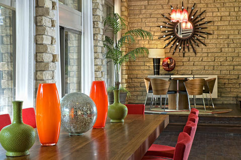 Modern Dining Room with dark wood floors