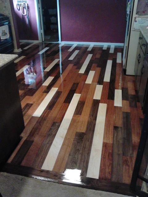 Eclectic Kitchen with mixed hardwood varieties