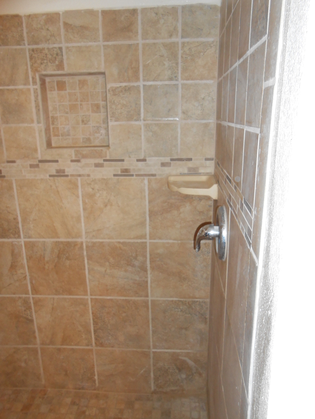 Traditional Bathroom in Cleveland ceramic tile, interlocking mosaic tile accent strip by