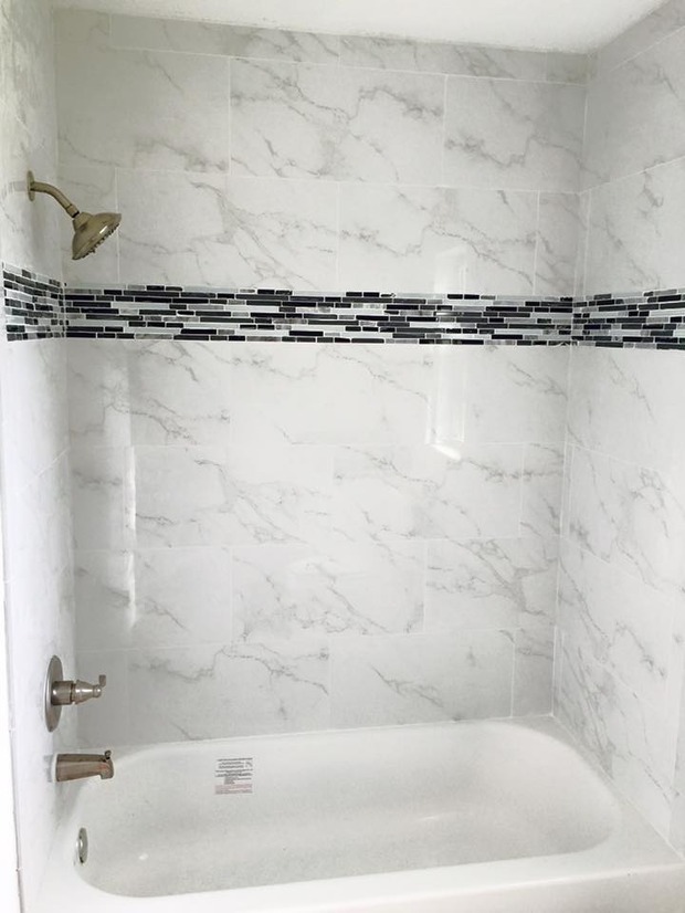 Transitional Bathroom In Lakeland Pencil Tile Deco Stripe Brushed