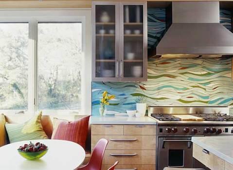 Eclectic Kitchen with unique custom wavy tile backsplash