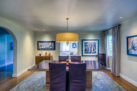 Eclectic Dining Room with drum shade chandelier