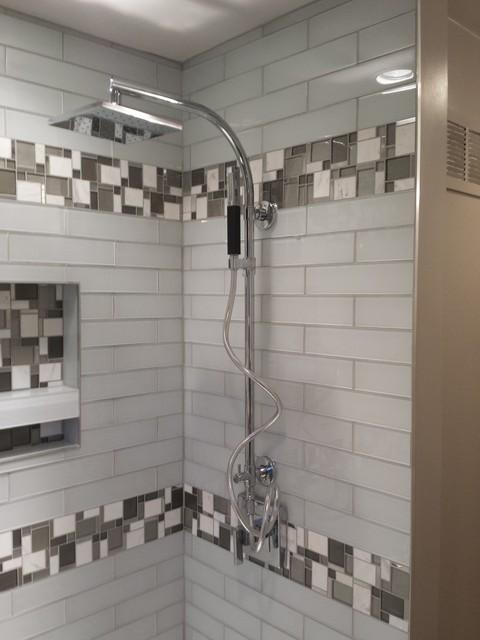 Eclectic Bathroom with glass mosaic tile accent strip