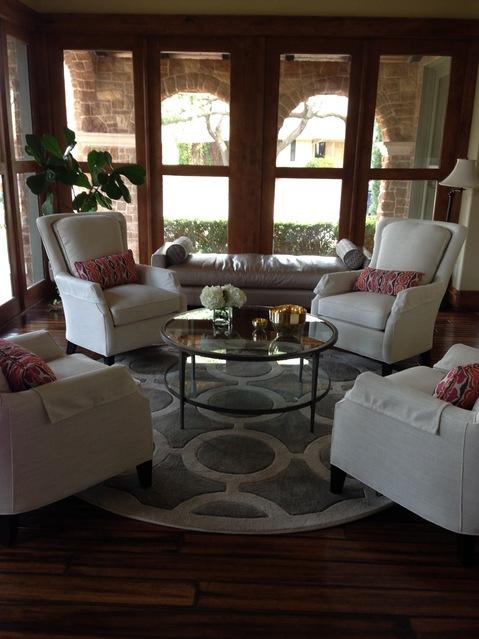 Modern Sunroom with grey and white area rug
