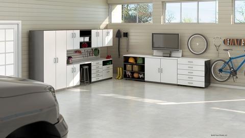 Contemporary Garage with white slab cabinetry