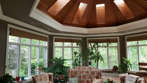 Transitional Sunroom with stained wood ceiling