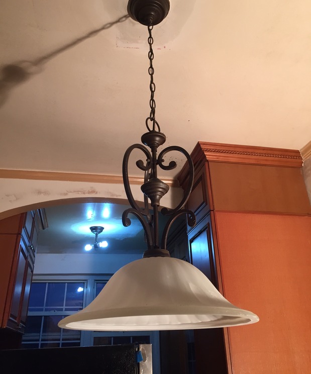 Transitional Kitchen In Queens Bowl Pendant Light Crown Molding