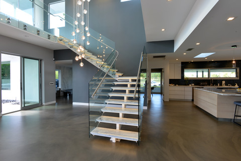 Contemporary Library with quarter landing staircase