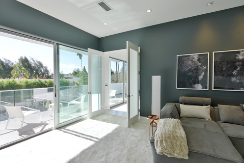 Contemporary Bedroom with slate blue interior paint