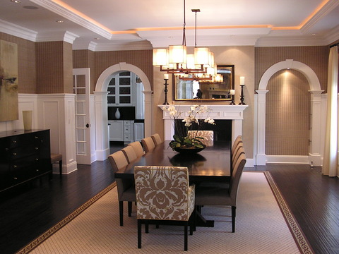 Traditional Dining Room with hand scraped plank wood floor