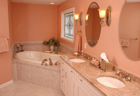 Eclectic Bathroom with pink hued ceramic tile