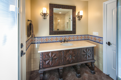 Eclectic Bathroom with herringbone pattern floor tile