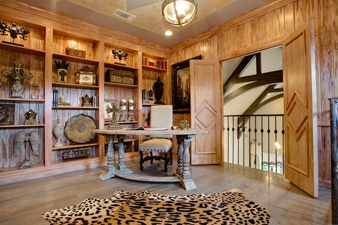 Eclectic Home Office with painted ceiling in decorative patern