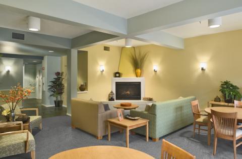 Transitional Family Room with light blue painted walls and ceiling