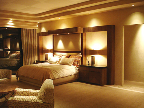 Contemporary Bedroom with beige interior paint