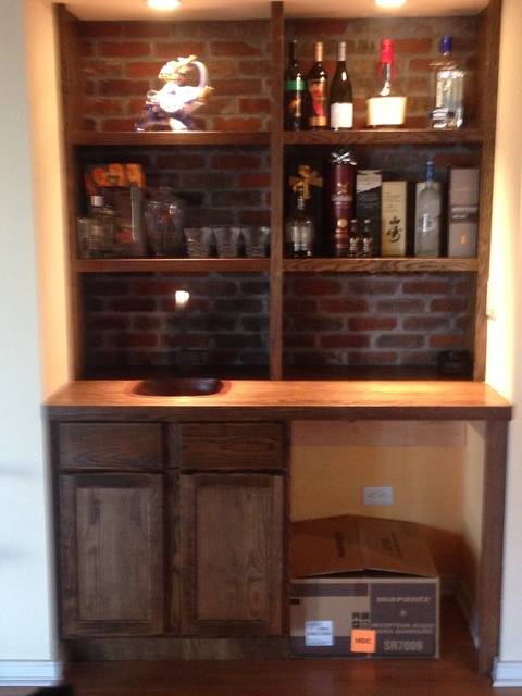 Transitional Dining Room with adjustable oak shelves