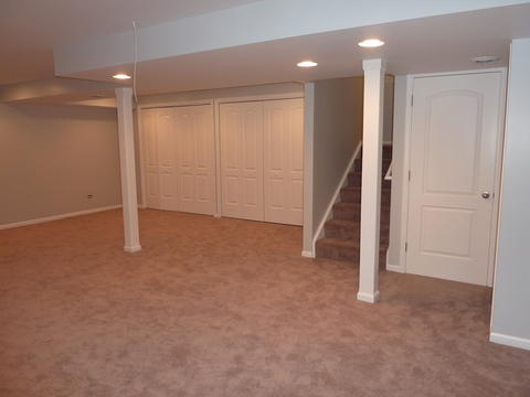 Traditional Basement with white closet doors