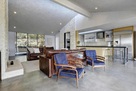 Contemporary Family Room with vertical grey subway tile backsplash