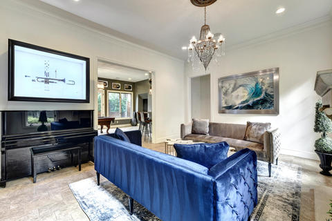 Traditional Living Room with taupe velvet couch