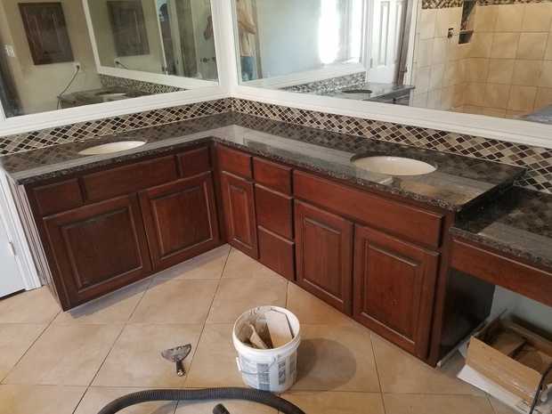 Contemporary Bathroom In San Antino Tile Backsplash White Trim