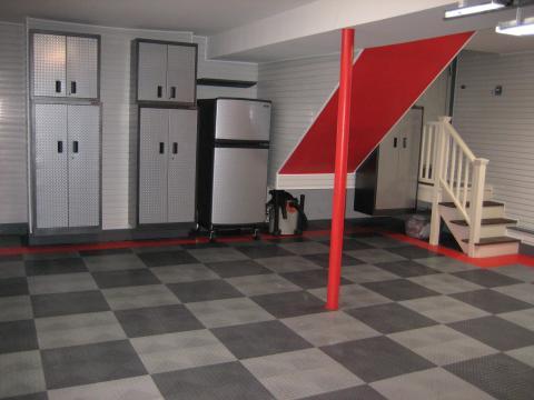 Transitional Garage with gray checkered tile garage flooring
