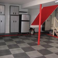 Transitional Garage with gray checkered tile garage flooring